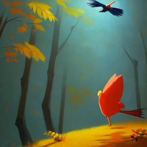 Prompt: goro fujita ilustration a beautiful bird with open wings and feathers flying over a forest full of autumn trees, painting by goro fujita, sharp focus, highly detailed, artstation