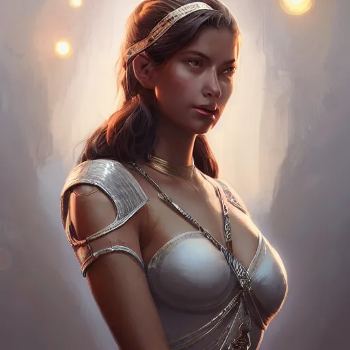 Image similar to portrait of a confident goddess, in modern era, upper body, D&D, intricate, cinematic lighting, highly detailed, digital painting, artstation, concept art, smooth, sharp focus, illustration, art by Artgerm and Greg Rutkowski and Cgsociety