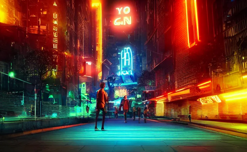 Prompt: you are looking for a giant of 1 km of hight walking on the small city, tron, close up bokeh hiperrealistic neon glow darkness dramatic neon, sharp focus, octane render, imax