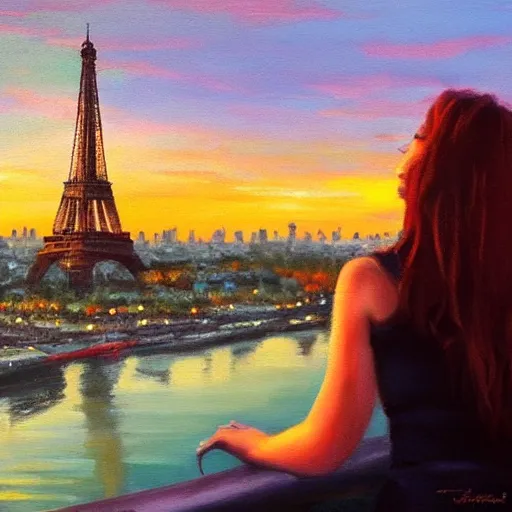 Image similar to a beautiful oil painting of a woman at the eiffel tower looking at a sunset, beautiful, romantic, detailed