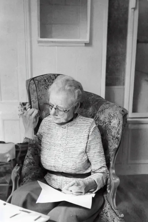Image similar to an old lady sitting in a comfortable chair reading a letter, 1 9 5 0 s