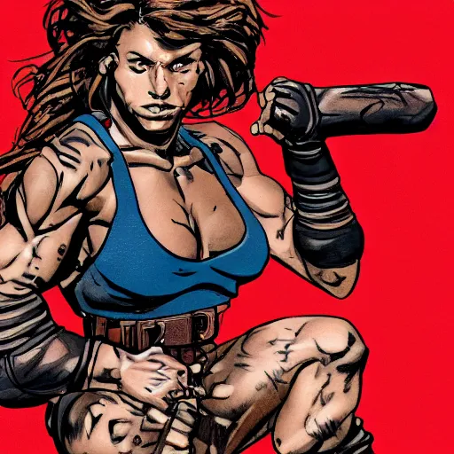 Image similar to a muscular bronze - skinned blue - eyed woman fighter, wearing a black cropped tank top, military pants, brown boots, wrapped arms, tribal tattoo on the right arm, wavy big red hair, 8 0's hairstyle, red gorgeous lips, highly detailed, cool action pose, mike mignola, trending on art station, illustration, comic book