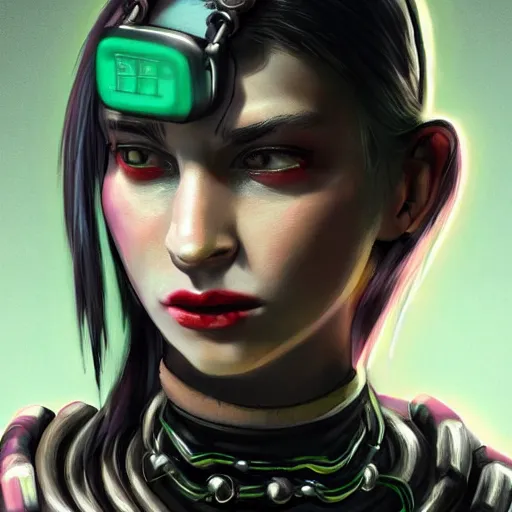 Image similar to detailed realistic cyberpunk female character cyberpunk wearing large steel collar around neck, realistic, art, beautiful, 4K, collar, choker, collar around neck, punk, artstation, detailed, female, woman, choker, cyberpunk, neon, punk, collar, choker, collar around neck, thick collar, choker around neck, wearing choker, wearing collar, bright neon punk hair,