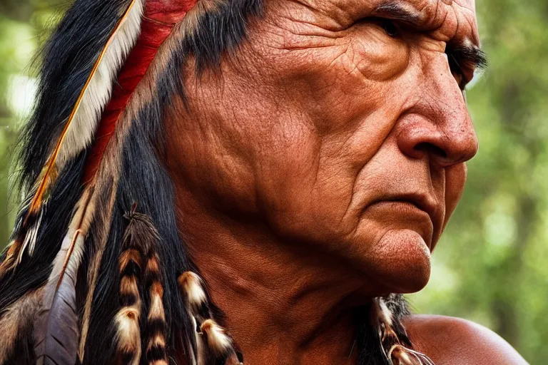 Image similar to hyper-realistic up close photograph of an elegant native american thinking, forest, detailed,