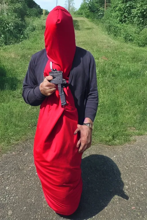 Image similar to man wearing a red sack over his head holding a gun, bloody, looking at the camera, photograph, amateur