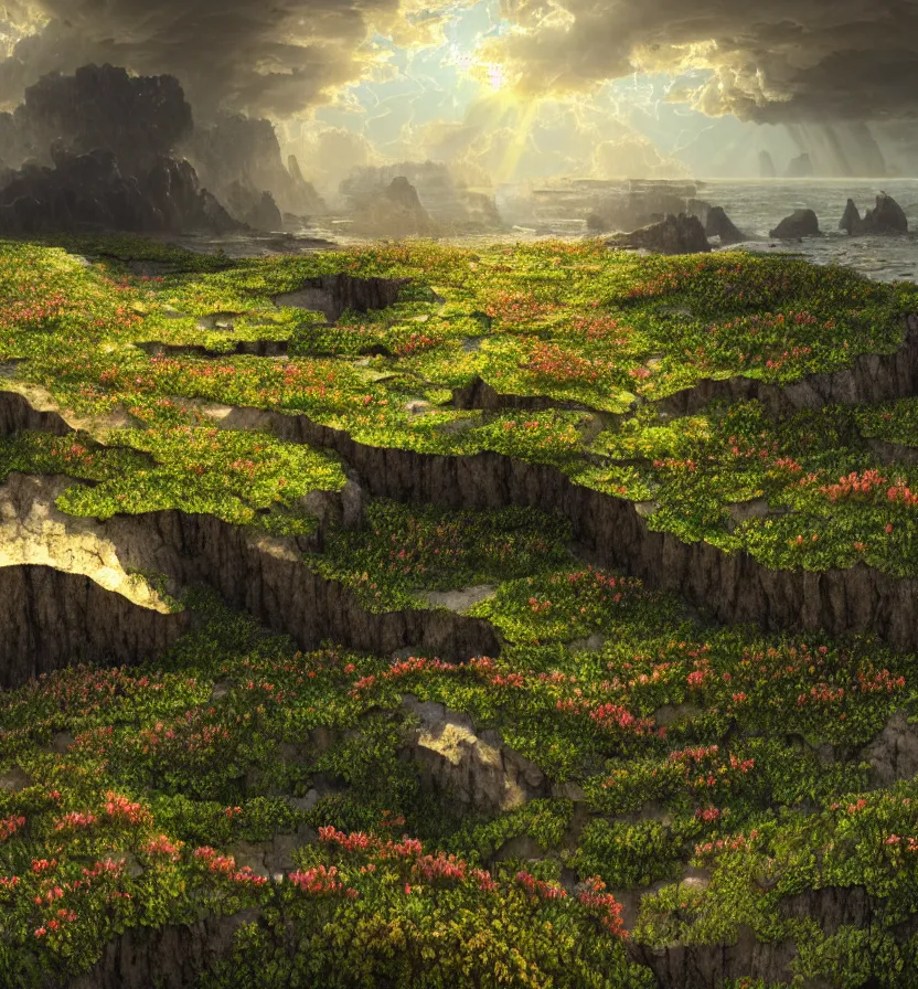 Image similar to detailed fractal tectonic landscape, in a vast wildflower garden landscape that meets the ocean, by glenn small, by albert bierstadt, photorealism, hyper realism, octane render, unreal engine, volumetric light, depth of field, volumetric clouds, god rays, lens flares, detailed, intricate, twin motion, megascan, high resolution, realistic render