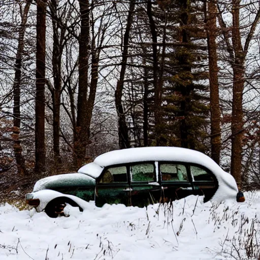 Image similar to rusty sedan in winter forest