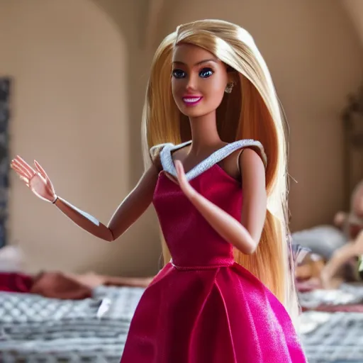 Prompt: actress playing barbie in real life live action remake, 4 k, film still, live action, realistic, human, actress, wide angle, 4 k, background of castle