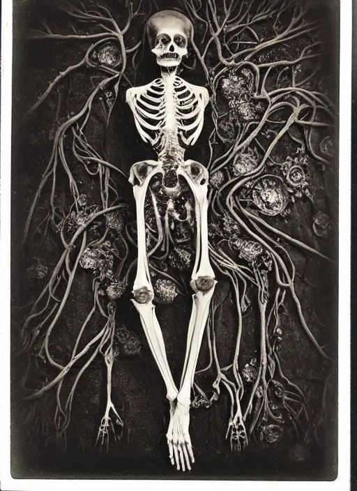 Image similar to an 1 9 1 0 polaroid photography of a very sad and detailed rotten woman corpse with fractal coral reefs and ornate growing all around, muscles, veins, arteries, bones, anatomical, skull, eye, ears, organs, flesh, full body, intricate, surreal, ray caesar, john constable, guy denning, dan hillier, black and white