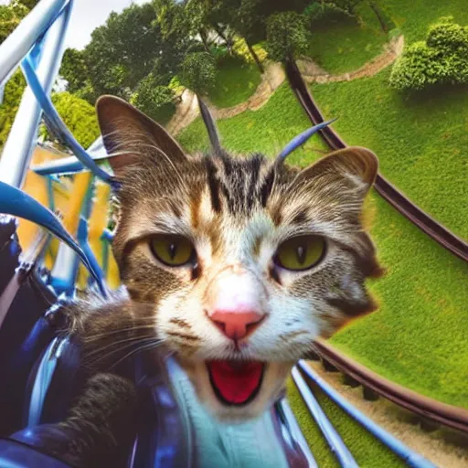 Prompt: selfie of a cat riding a roller - coaster