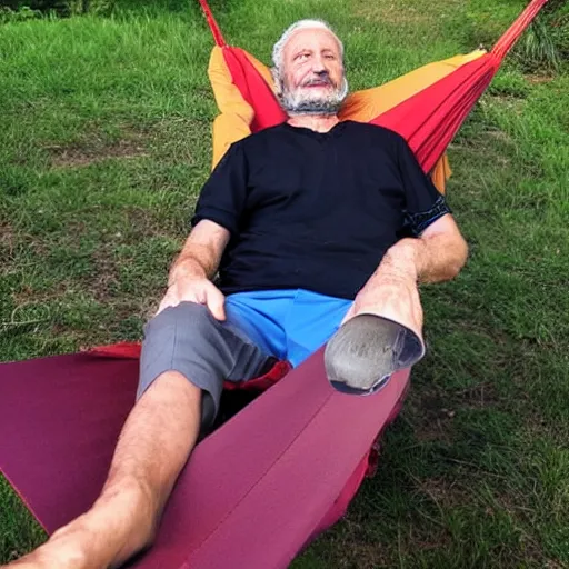 Prompt: my older italian wise friend on a hammock, reading new book, gravity is strong, he is very relaxed, snug legs, mountains in a background