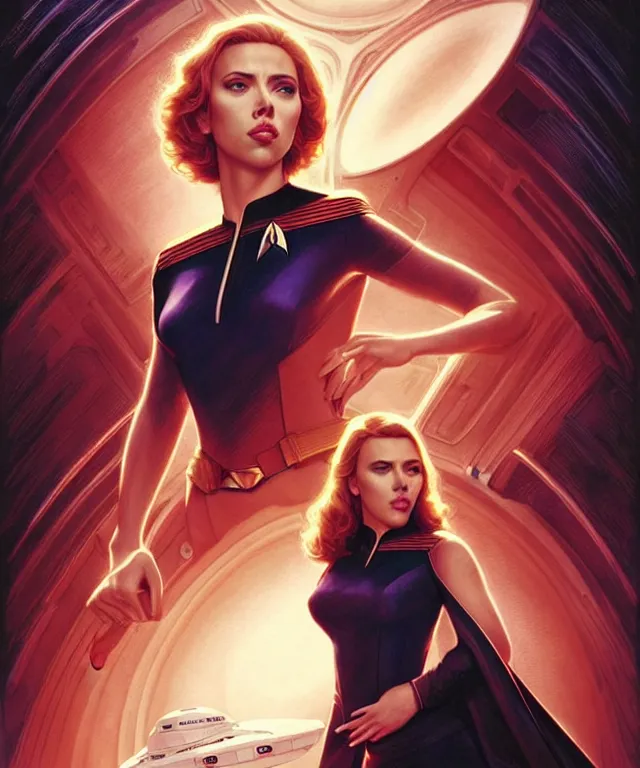 Image similar to Scarlett Johansson is the captain of the starship Enterprise in the new Star Trek movie, art nouveau,elegant, highly detailed, sharp focus, art by Artgerm and Greg Rutkowski