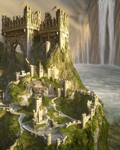 Image similar to a beautiful fantasy landscape of a large majestic castle adorned with gold linings and white marble walls from DND with lots of towers bridges and levels on top of a lush cliff with a huge waterfalls in the middle, ruins of structures at the bottom, afternoon light streaking with god rays, Dungeons and Dragons Castle, ornate, detailed, octane render, 8k, trending on artstation deviantart google images, pinterest, canon 35mm lens