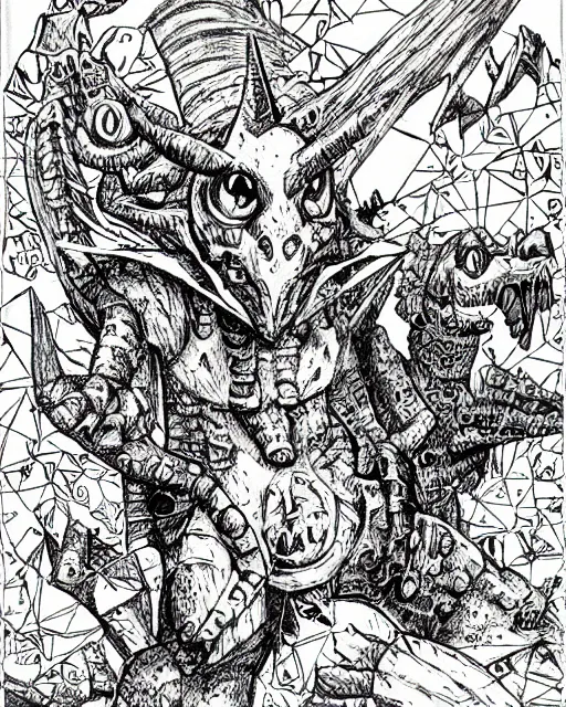 Image similar to agumon the digimon as a d & d monster, pen - and - ink illustration, etching, by russ nicholson, david a trampier, larry elmore, 1 9 8 1, hq scan, intricate details, high contrast