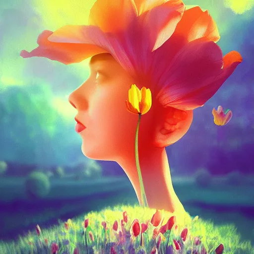 Image similar to tulip face, girl floating in a flower field, surreal photography, sunrise dramatic light, impressionist painting, colorful clouds, digital painting, artstation, simon stalenhag