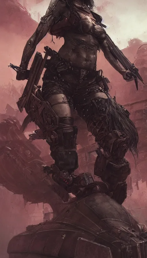 Image similar to road warrior, gemma chan beautiful girl, postapocalyptic, muscle cars, weapons, dystopian, grindhouse, george miller, made by stanley artgerm lau, wlop, rossdraws, james jean, andrei riabovitchev, marc simonetti, yoshitaka amano, beksinski artstation, cgsociety