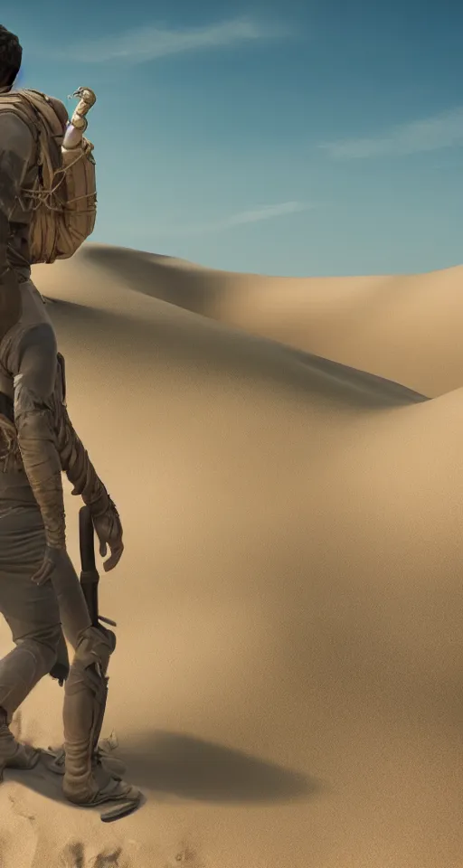 Image similar to movie still of a snake - human hybrid exploring a dune with treasure in his backpack and a sword in his hand, 4 k, detailed, landscape, realistic, polariod