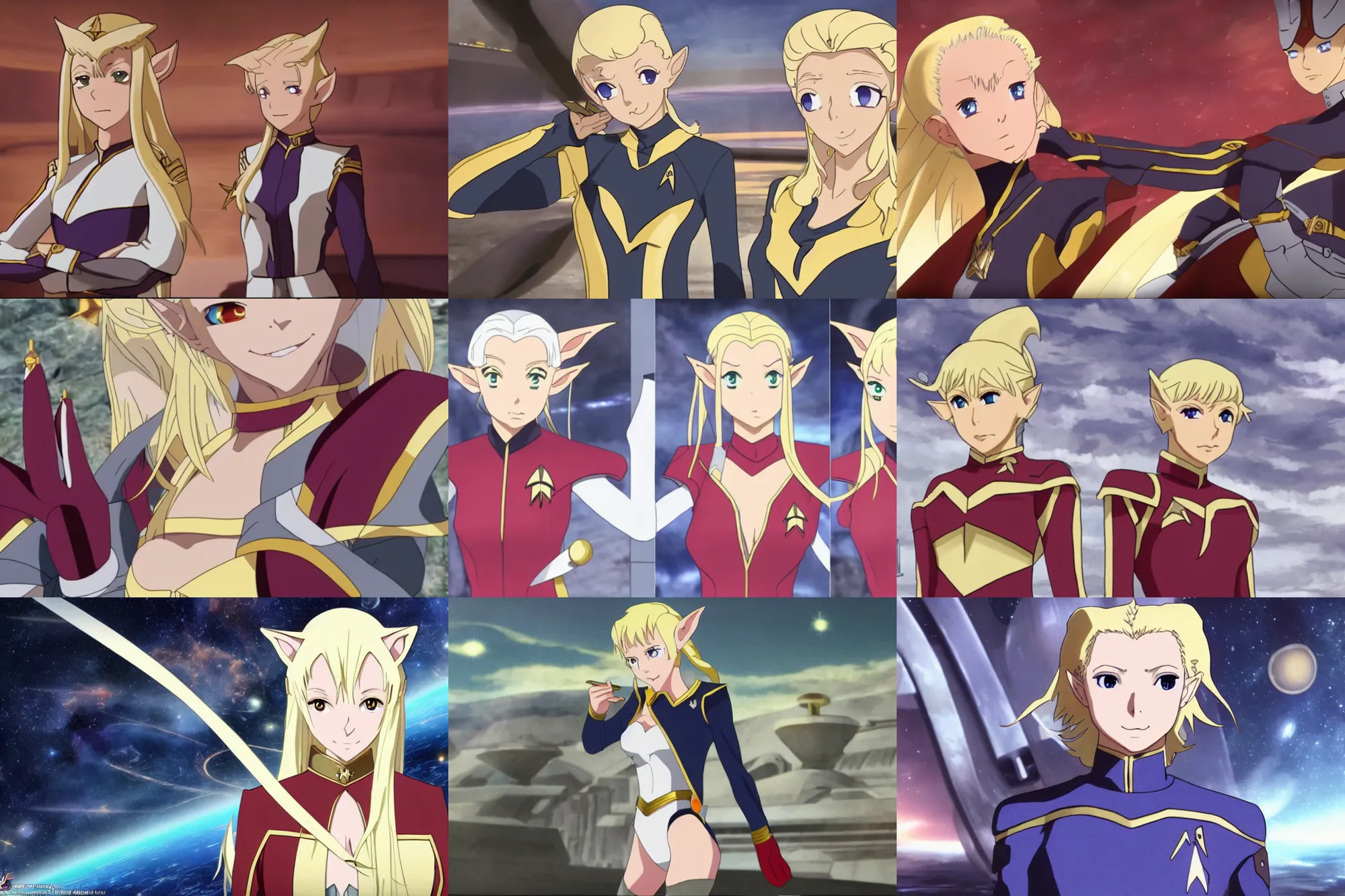 Prompt: 4K anime video of young attractive high-fantasy elf (blond) in a Starfleet uniform in Star Trek, scene where she is on Deep Space Nine, soft light, cinematic lighting, sharp, by Fate/Stay Night Unlimited Blade Works