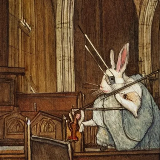 Image similar to a rabbit playing violin inside a church, in the style of carl larsson