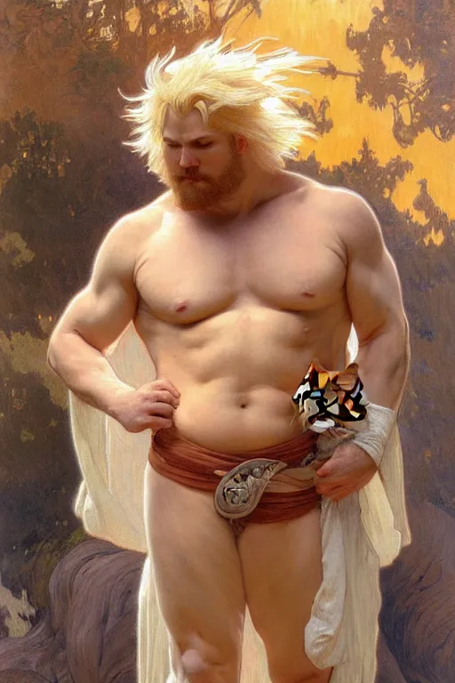 Image similar to painted portrait of rugged fat orange cat, god of thunder, greek god, white hair, masculine, powerful, handsome, upper body, white robe, muscular, hairy torso, fantasy, intricate, elegant, highly detailed, digital painting, artstation, concept art, smooth, sharp focus, illustration, art by gaston bussiere and alphonse mucha