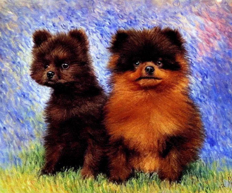 Image similar to brown and black pomeranian, cute, monet, oil painting