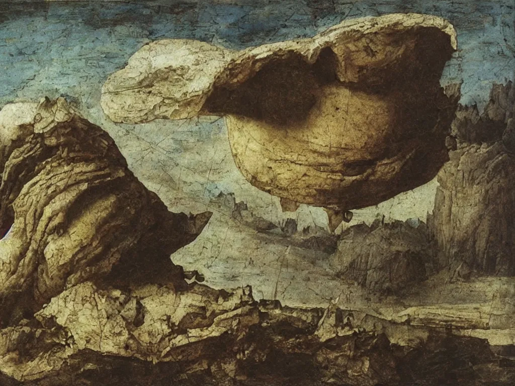 Image similar to dream bot mothership crashed into the icy mountains, wind sculpted boulder. painting by leonardo da vinci