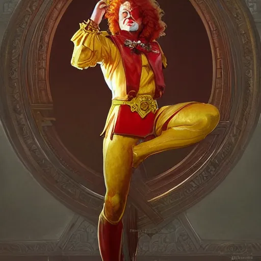 Image similar to an epic fantasy comic book style full body portrait painting of ronald mcdonald. d & d. fantasy. intricate. elegant. highly detailed. digital painting. artstation. concept art. matte. sharp focus. illustration. art by artgerm and greg rutkowski and alphonse mucha