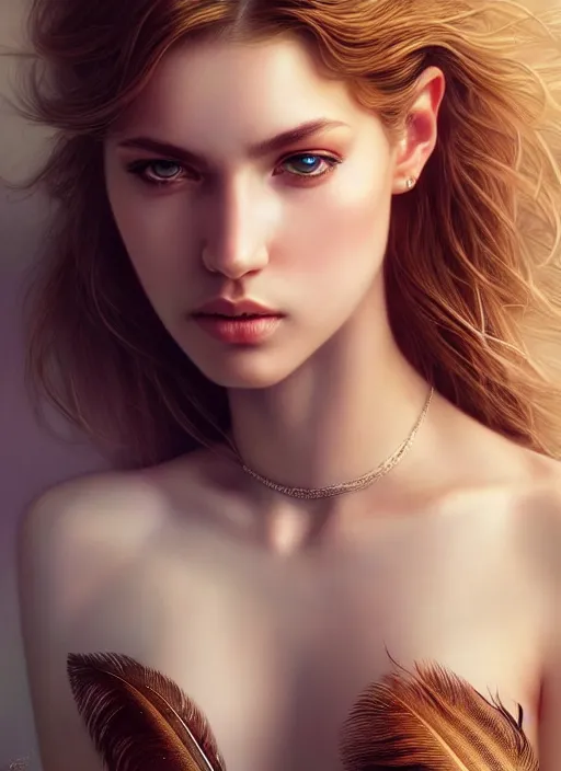 Image similar to a gorgeous female photo, professionally retouched, award winning, hyperdetailed, photorealism, soft lighting, feather hair, realistic, smooth face, perfect eyes, wide angle, sharp focus on eyes, 8 k high definition, insanely detailed, intricate, elegant, art by artgerm and greg rutkowski and j scott campbell