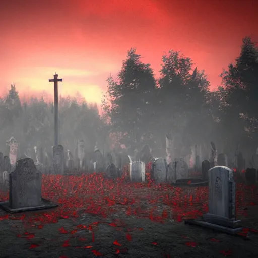 Prompt: red, red sky, depth, creepy, eyes, graveyard, death, dead, red eyes, 8k, hyperrealistic, depth, vray, high resoulution, eathly