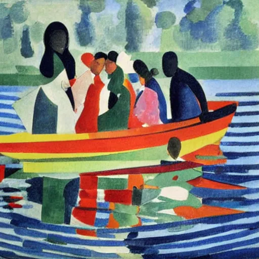 Image similar to The collage depicts a group of well-dressed women and children enjoying a leisurely boat ride on a calm day. The women are chatting and laughing while the children play with a toy boat in the foreground. by Sonia Delaunay, by Paul Cézanne dull