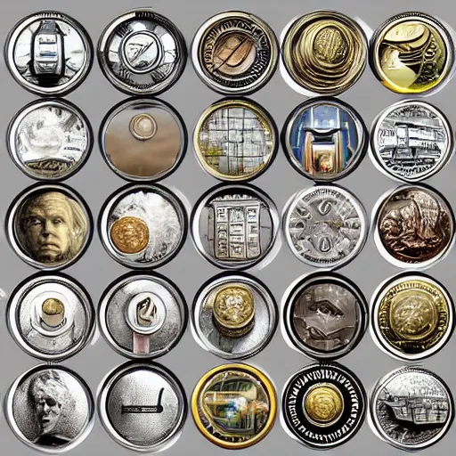 Prompt: ten different coins from the future highly realistic detailed illustration by david bond