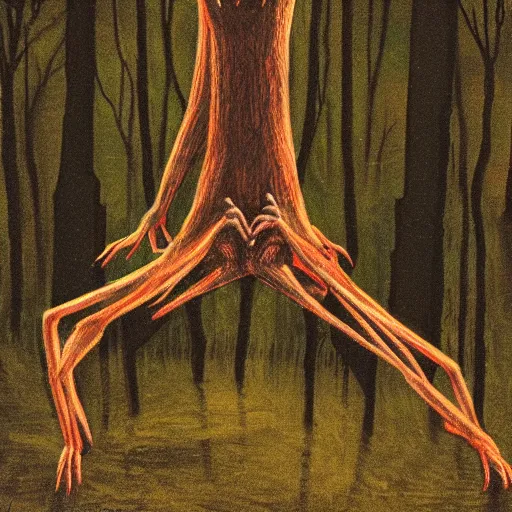 Prompt: long leg monster in a dark forest at midnight