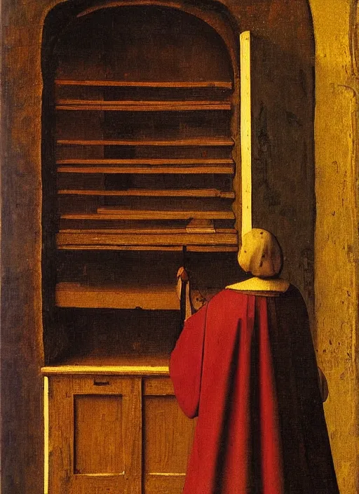 Image similar to bookshelf, medieval painting by jan van eyck, johannes vermeer, florence