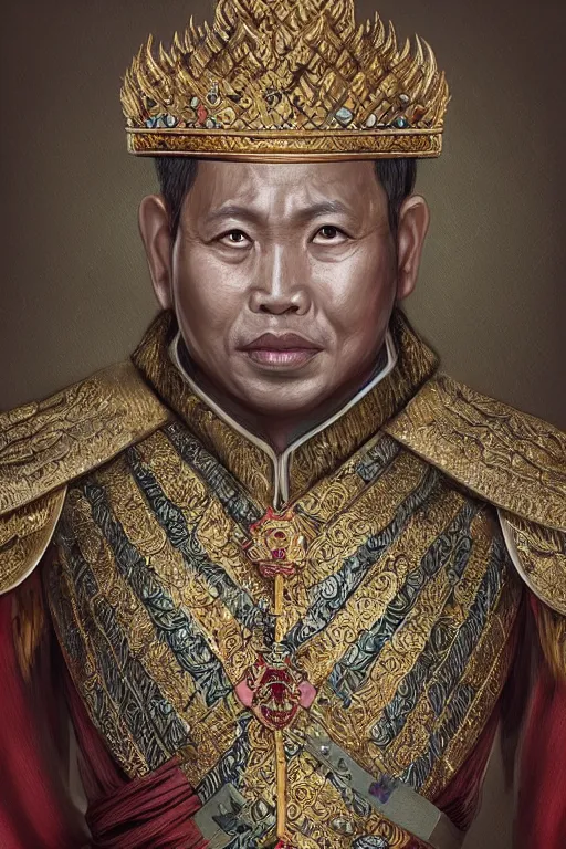 Prompt: full body portrait of king ramkamhaeng the great, thai warload, d & d, elegant, highly detailed, digital painting, artstation, concept art, smooth, sharp focus, illustration, art by thawan duchanee