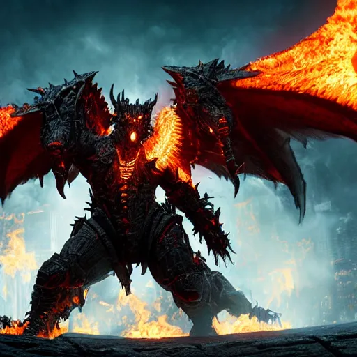 Image similar to 4k_unreal_engine_render_of_Deathwing_spreading_his_fire_in_a_epic_way_dynamic_lighting_stunning_visuals_cinematic_ultra_detailed_trending_on_art