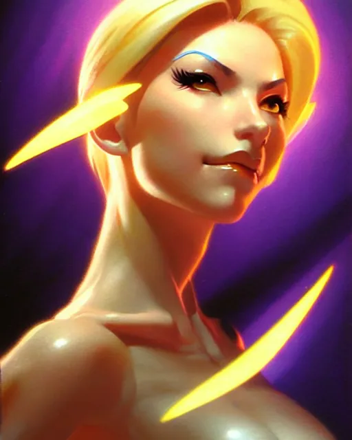 Image similar to mercy from overwatch, character portrait, portrait, close up, vintage fantasy art, vintage sci - fi art, radiant light, caustics, by boris vallejo