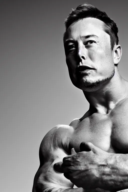 Image similar to Elon Musk is a jacked muscle builder gigachad, grayscale photography