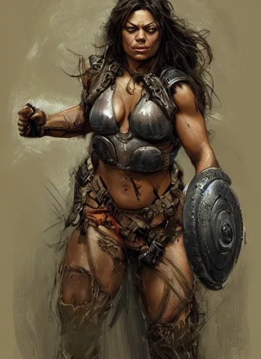 Prompt: exhausted Mila Kunis as a very muscled rugged looking Amazon, dirty, sweating, intricate, elegant, highly detailed, artstation, concept art, sharp focus, art by artgerm and donato giancola and Joseph Christian Leyendecker, WLOP