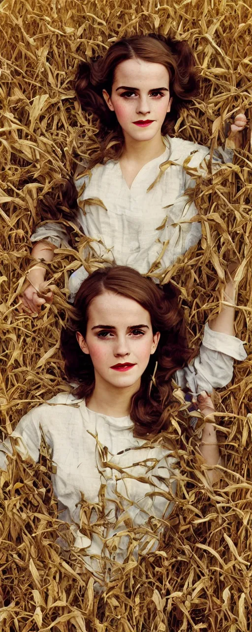 Image similar to photo photorealistic medium shot head and chest portrait photograph Emma Watson picnic in a corn field 1950s portrait by Norman Rockwell, Cecil Beaton, Lee Miller, Irving Penn, David Bailey, Corinne Day, Patrick Demarchelier, Nick Knight, Herb Ritts, Mario Testino, Tim Walker, Bruce Weber, Edward Steichen, Peter Lindbergh, Albert Watson