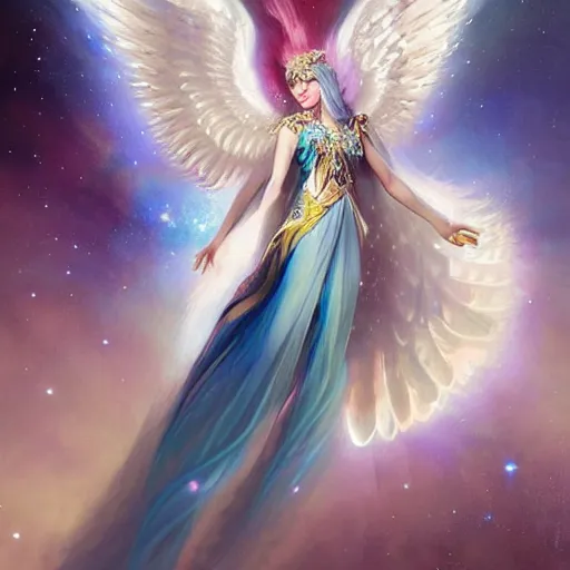 Prompt: portrait harmony of white haired angel beautiful yoongi wearing sparkly shiny greek clothes, muted colors, nebula background, neon sparkles everywhere, big wings, dynamic hair movement, + + + + dynamic pose, holographic space, glowing effect, j. c leyendecker, by alan lee, wlop! illustrated by starember, fantasy art by craig mullins