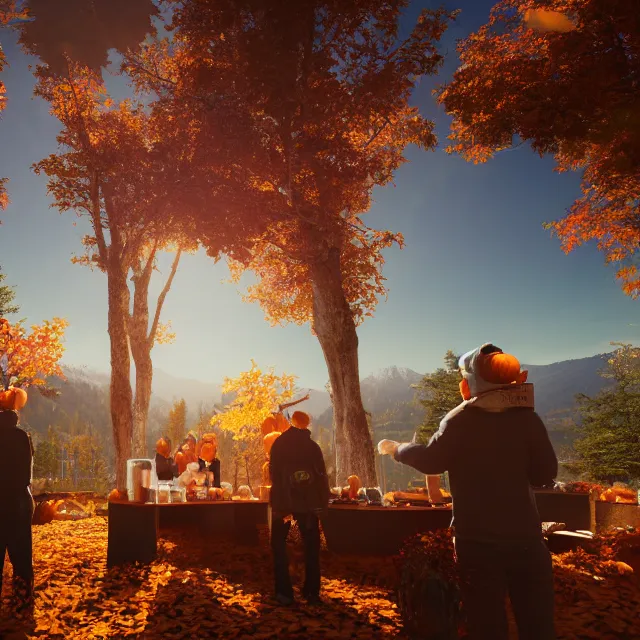 Image similar to pumpkin headed people ordering coffee at a coffee stand, maple trees with fall foliage, on a mountain, volumetric, realistic, cinematic lighting, ray tracing, unreal engine 5, octane render, hyper realistic, photo, 8 k