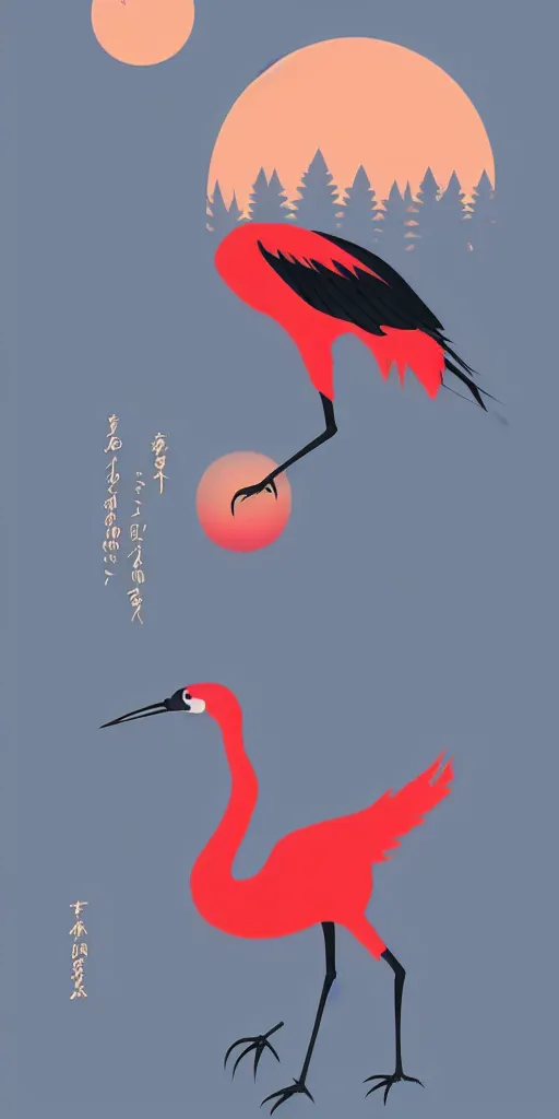 Image similar to a portrait of japanese crane walking into a forest of japanese pines, a big red sun in the background, logo design, fresh modern style, responsive, front card design, thick vector line art, trending on behance, stunning, matte