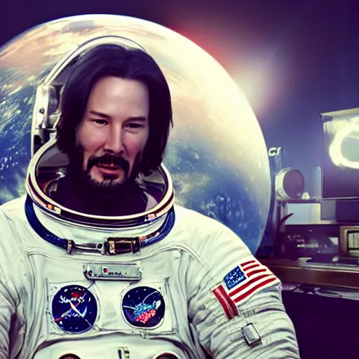 Prompt: real vintage photo, an astronaut meeting keanu reeves, detailed, hyper realistic, 4 k octan render, unreal 5