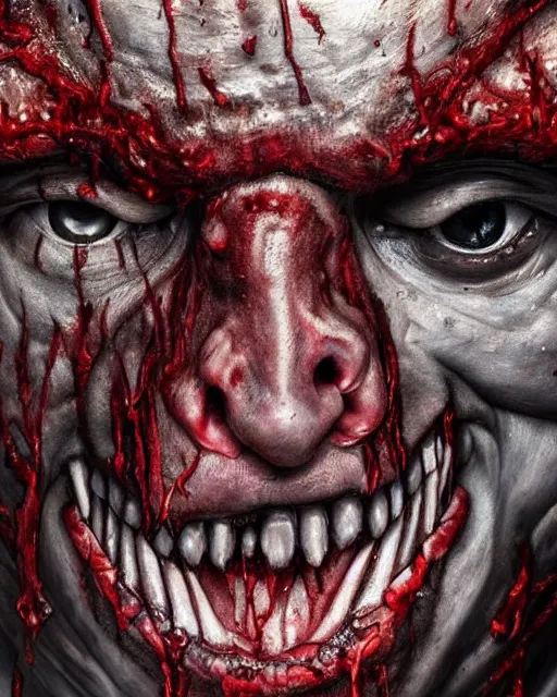 Prompt: Haunting horrifying hyperrealistic detailed painting of a huge muscular hulking flesh demon covered in thick black blood and bone showing through holes in the flesh, disgusting, creepy, unsettling, and bloodshot eyeballs, hyper detailed, trending on Artstation