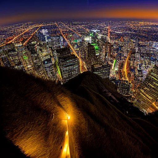 Prompt: award winning canon 1 8 mm wide view photograph looking down from a ridge at a metropolitan city at night, by michael shainblum