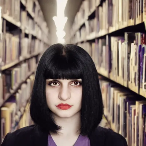 Prompt: 1 7 - year - old pale - skinned persian girl with black long bob cut, black gothic jacket, purple eyes, psychic girl, in a gloomy library
