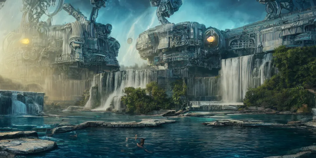 Image similar to beautiful pool waterfalls surrounded by alien robots, steel archways, industrial buildings, rusty metal towers, sun setting, ross tran, fantasy, james jean, peter morbacher, angelarium, alchemy, luxury, heavenly light, soft illumination, trending on artstation, cinematic lighting, digital painting, octane render, artgerm