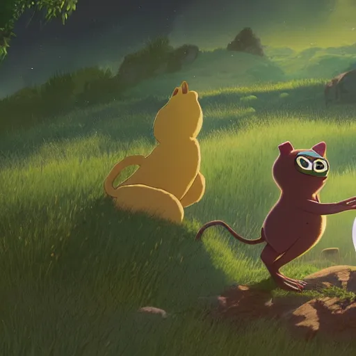 Prompt: a wholesome animation key shot of pepe the frog and a cat playing on a hill, medium shot, studio ghibli, pixar and disney animation, sharp, rendered in unreal engine 5, anime key art by greg rutkowski, bloom, dramatic lighting