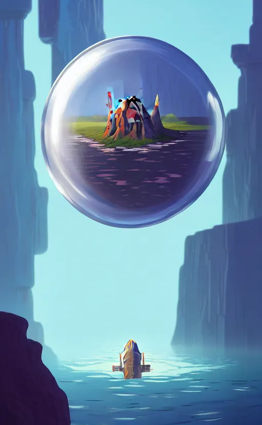 Image similar to a scary hyperrealist painting of a rocketship in a giant transparent cubic bubble from howl's moving castle ( 2 0 0 4 ) in a flooded monument valley stonehenge jungle. depth perception, 4 k, artstation, in the style of studio ghibli