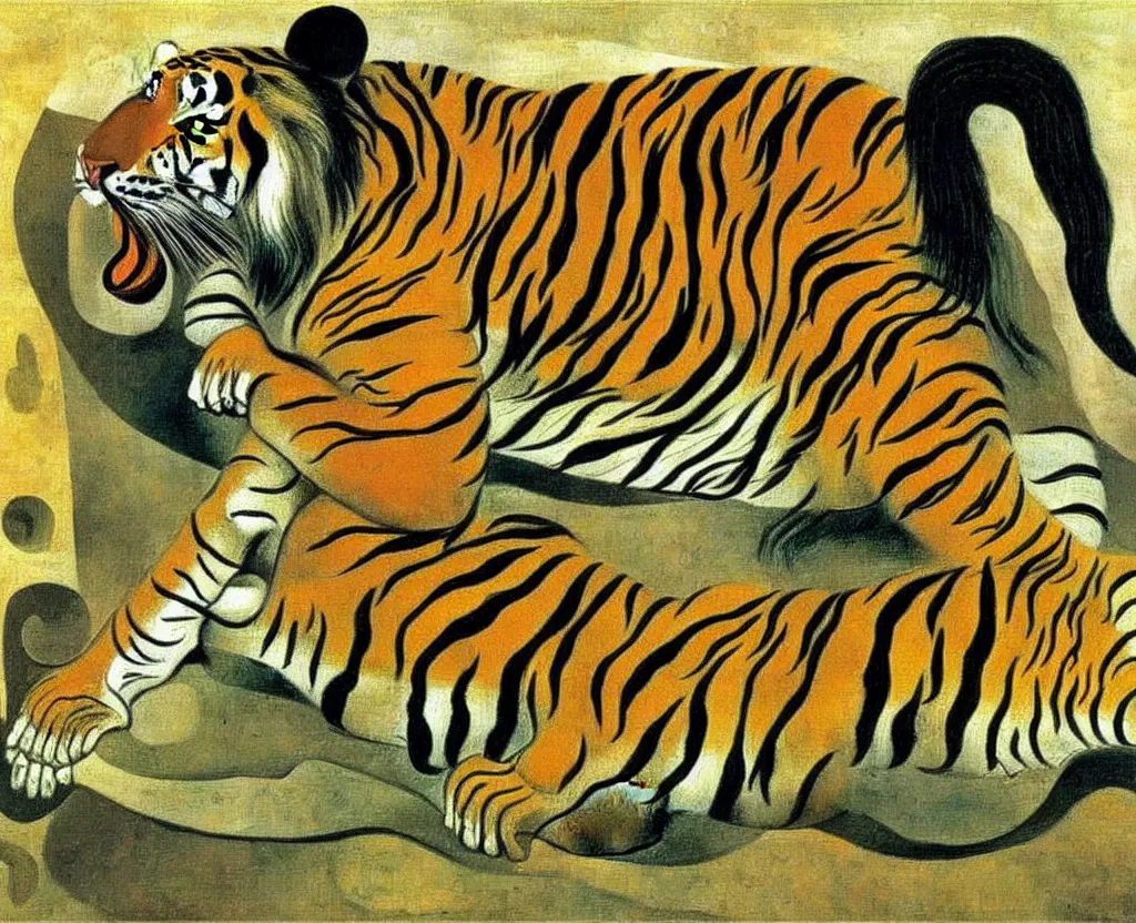 Prompt: achingly beautiful naturalist painting of one solitary tiger. picasso, dali.